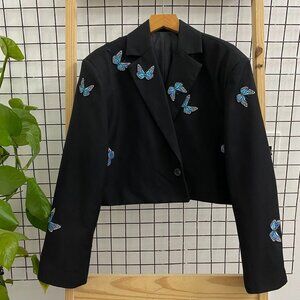 Black Butterfly Embroidered Cropped Blazer Jacket 🦋
